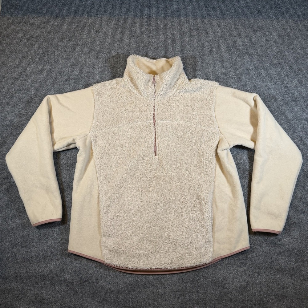 Zella Womens Large Cream Mixed Media Faux Shearling Quarter Zip Pullover